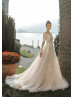 Long Sleeves Ivory Lace Tulle Pearl Buttons Back Wedding Dress